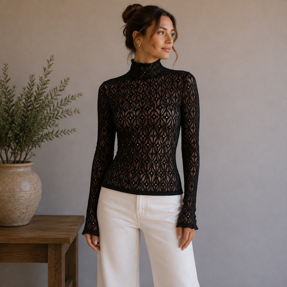 Victoria Secret Black Sheer Embellished Turtleneck top xs/s